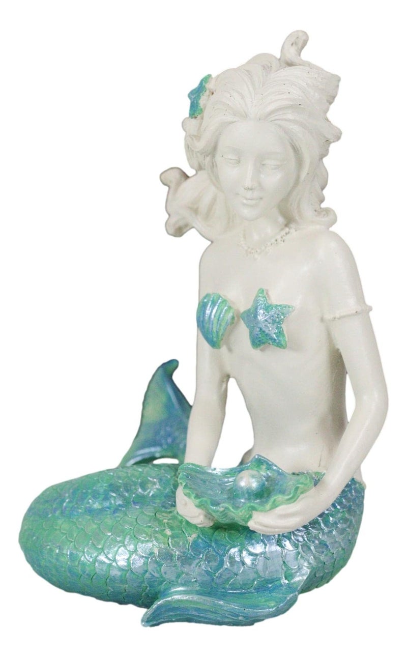 Ebros Gift Nautical Capiz Blue Tailed Siren Mermaid with Seashell and Starfish Statue Ocean Aquamarine Princess Coastal Beach Under The Sea Decorative Accent (Holding Pearl Shell) - Image 1